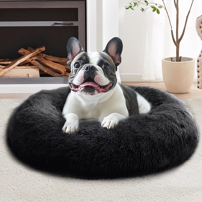 JOLLYVOGUE Small Dog & Cat Beds for Indoor Cats, Donut Cuddler Warming Soft Dog Beds with Anti-Slip Bottom, Round Calming Fluffy Plush Faux Fur Cushion Bed for Small Dogs (23", Black)