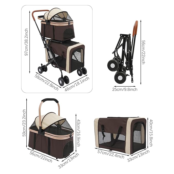 2-Layers Pet Stroller for 2 Cats/Dogs,Foldable Lightweight 77lbs Capacity Carrier, 4 Wheels, Removable Basket & Storage Pocket,for Small Pets (Coffee)