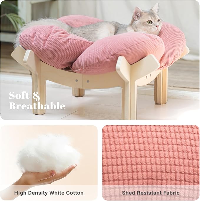 CHEERHOME PETS Elevated Cat Bed Wooden with Cushion Fluffy Pet Couch Sofa for Indoor Cats Raised Kitty Lounge Chair Suitable for Puppy, Cat Furniture(Pink)