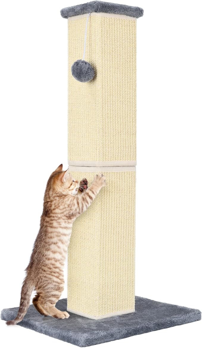 Cat Scratching Post 32 Inch for Indoor Large Cats and Kitten, Nature Sisal Tall Cat Scratch Post, Sisal Cat Scratcher Improve Cat's Scratching Habits and Protect Your Furniture, Grey