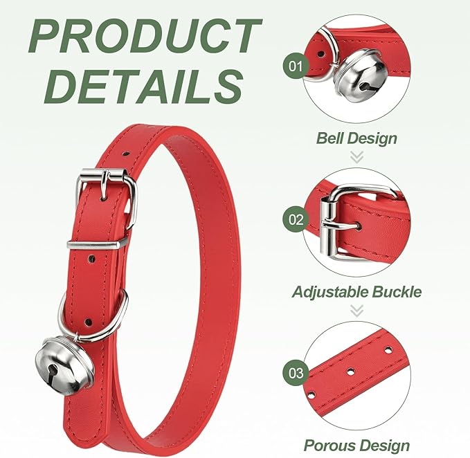 Dog Collar with Bell, Pu Leather Cat Collars Pet Basic Soft Padded Adjustable Buckle, 20" (Red, 1 Pcs), Intended for Teacup/Little Dog/Kitten Cats/Small Animals