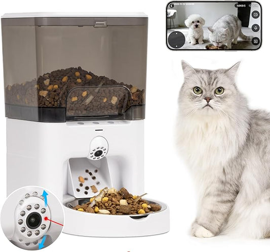 Automatic Cat Feeder with Camera, 5G/2.4G WiFi Automatic Dog Feeder, 2K HD Video and Night Vision, Remote Monitor & Feeding, Low Food Alerts,2-Way Audio, 6L Capacity, Gifts for Christmas