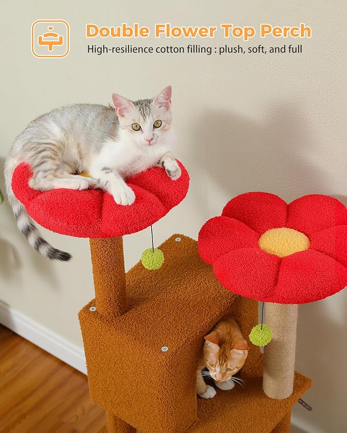 52.4" Cat Tree for Indoor Cats, Multi-Level Cat Tower with 2 Flower Perches, 2 Cozy Condos & Sisal Scratching Posts, Stylish Kitty Climbing Furniture Playhouse for Adult Cats, Brown/Red