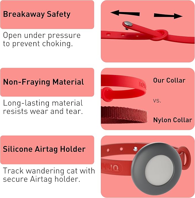 Airtag Breakaway Cat Collar - Soft, Comfortable, and Lightweight Safety Buckle Collar with Air Tag GPS Tracker Holder for Outdoor Cats and Sensitive Skin Kittens by Nuvuq (6 ⅞" to 10 ¼", Red)