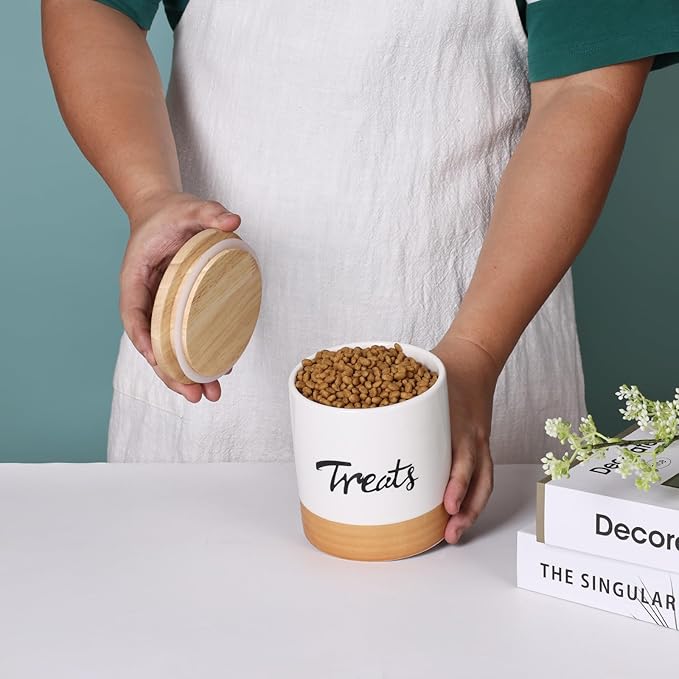 LEETOYI Cat Treat Container with Lid, Ceramic Dog Treat Jars Modern, Farmhouse Kitchen Decor, Cat Treat Storage Caddy Organizer, 4.5 Inch 31oz White