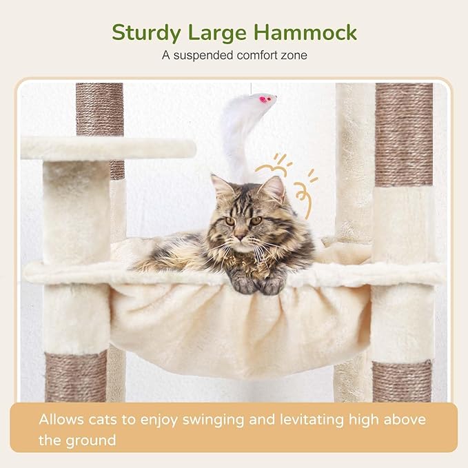 Globlazer Cat Tree Tower with Scratching Post for Indoor Cats, 53inch Tall Plush Multi-Level Cat Climbing Tower Condo House with Large Hammock, Spacious Cat Cave, Big Padded Top Perch Bed, F53, Beige