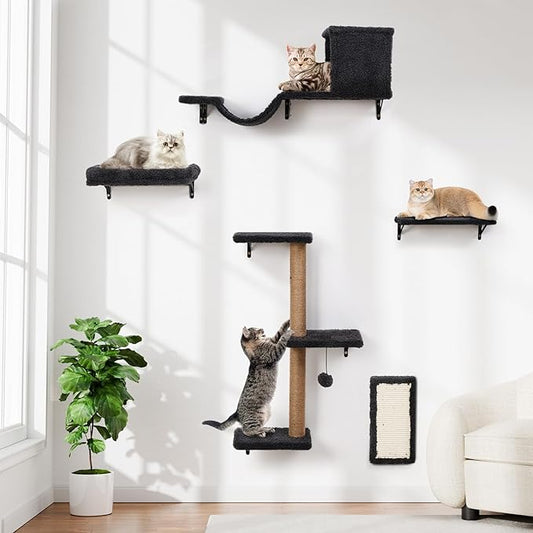 5-in-1 Cat Wall Shelves, Multi-Level Cat Climbing Furniture, Perch & Lounge for Indoor Cats, Space-Saving Wall Mounted Cat Shelves for Play & Rest (Natural Wood) - Gray