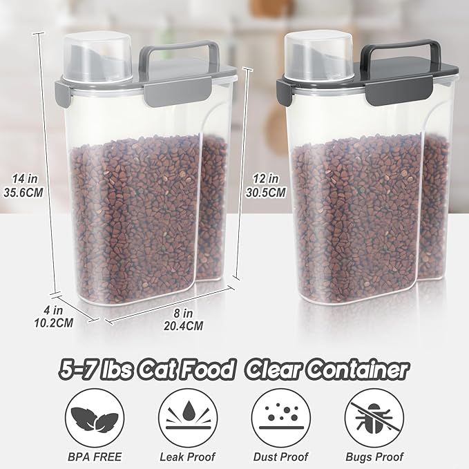 Cat Dog Food Storage Container, Upgraded Large Nozzle,5LBS Plastic Pet Food Storage Container, With 4 Sealed Clasps, 1 Measuring Cup and Handle, Easy to Clean and Carry -2 Pcs Light Gray + Dark Gray