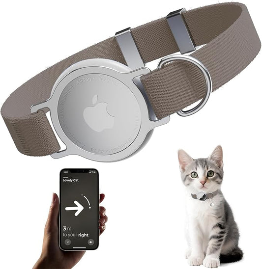AirTag Cat Collar, Ultra Elastic Cat Tracker Collar, Airtag Holder Compatible with Apple Air Tag, [Lightweight & Scratch Resistant] Adjustable Stepless GPS Pet Collar for Cats Kittens, Brown
