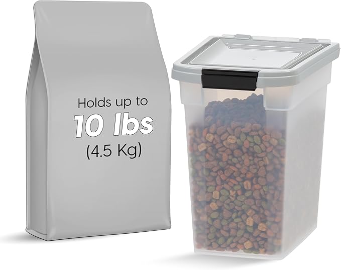 IRIS USA Airtight Dog Food Storage Container, WeatherPro, Up to 10 lbs, Removable Wheels, for Dog Cat Bird and Other Pet Food Storage Bin, Keep Fresh, Translucent Body, Made in USA, Clear/Gray
