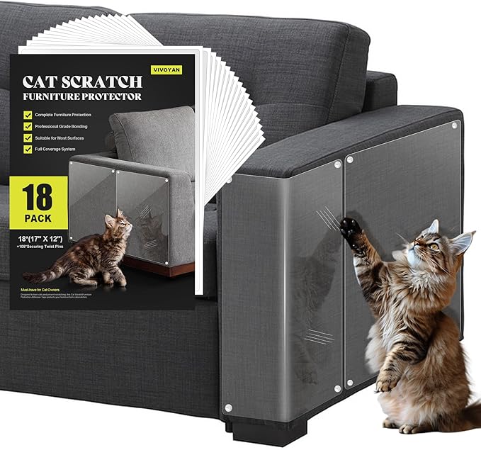 Anti Cat Scratch Furniture Protector, 18-Pack Couch Protector from Cat Claws for Sofa Corners, Walls & Doors – Heavy-Duty, Easy-to-Apply Shields with 108 Twist Pins