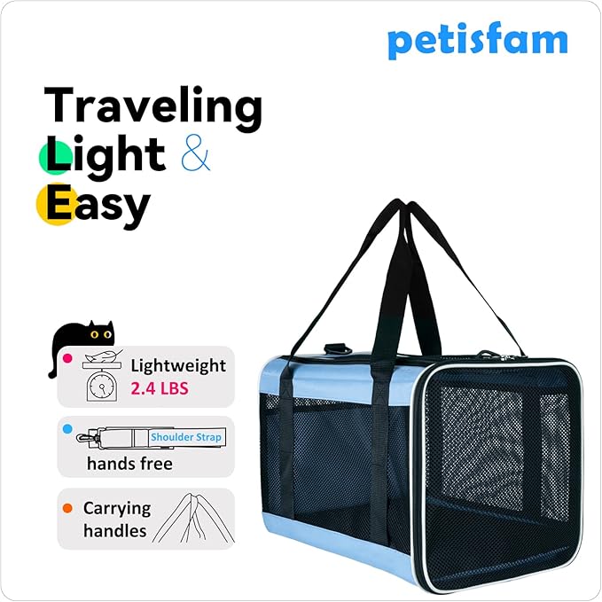 petisfam Soft Pet Carrier for Large and Medium Cats, 2 Kitties, Small Dogs. Easy to Get Cat in, Great for Cats That Don't Like Carriers (Blue)