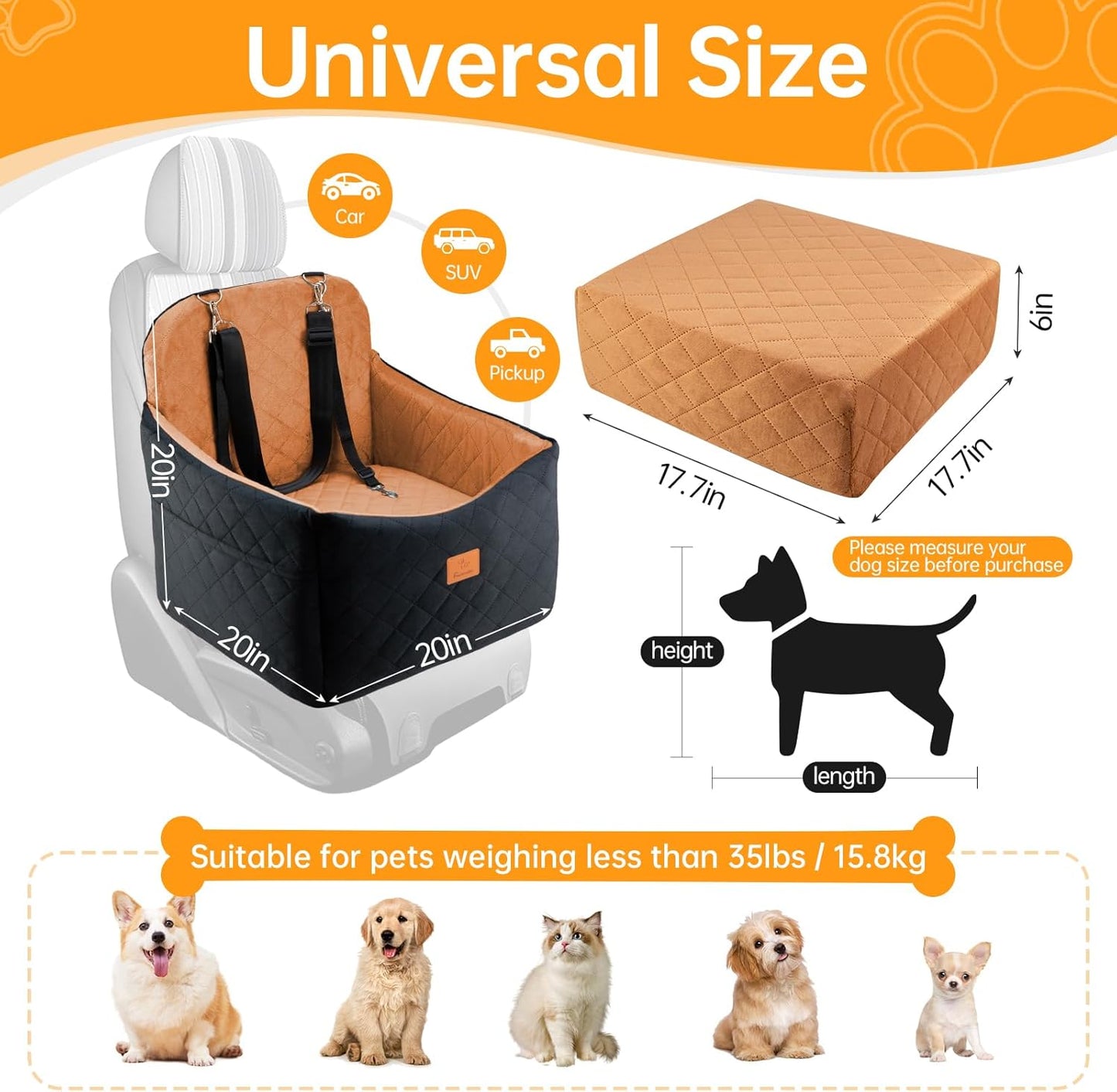 Dog Car Seats for Small/Medium Dogs, FurFrolic Memory Foam Dog Booster Seat for Small Dogs up to 35 lbs, Travel Pet Car Seat with Washable Detachable Cover, Storage Pockets, 2 Safety Belt, Black Brown