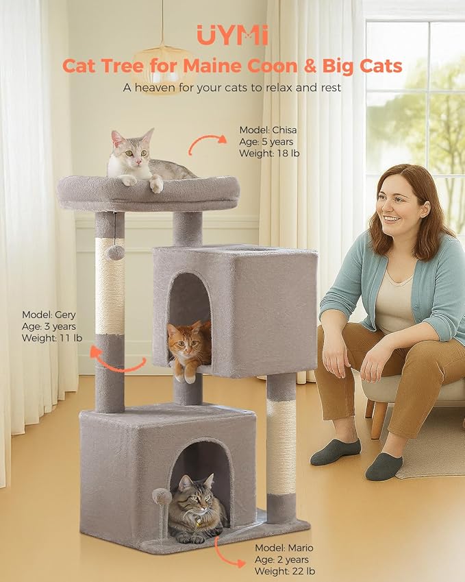 XL Cat Tower 44" Cat Tree for Large Cats 20 lbs+, 2 Spacious Condos with 3.4" Thickened Scratching Post, Large Top Perch, 2 Interactive Toys, Grey