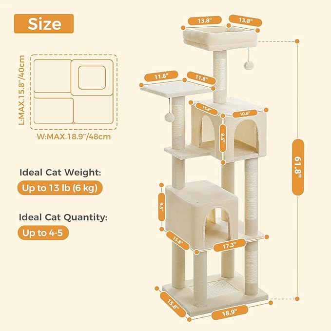 62" Cat Tree for Indoor Cats, Multi-Level Cat Tower for Large Cats with Scratching Posts, 2 Spacious Plush Condos, Padded Perch, Soft Cat Bed, Scratching Pad & 2 Pompoms, Beige
