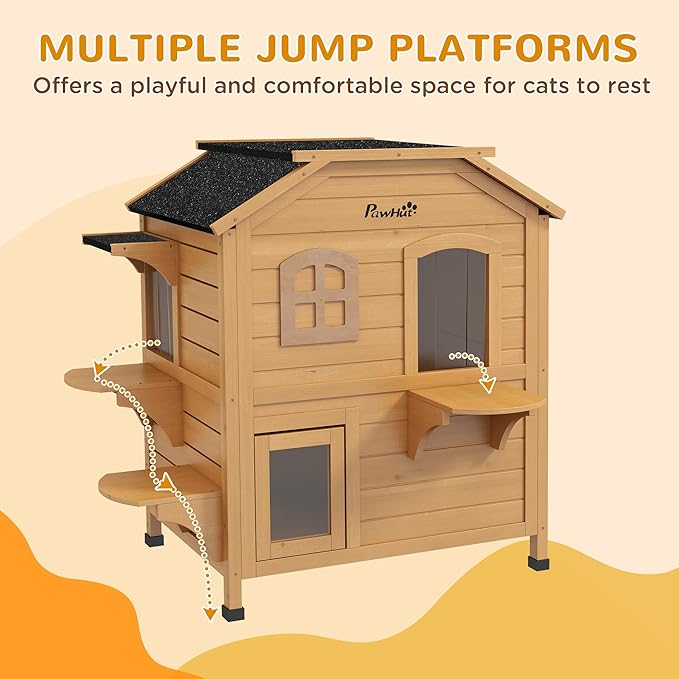 PawHut 2-Story Cat House Outdoor, Weatherproof Wooden Cat Enclosure for Feral Cats with Escape Door, Openable Roof, Jumping Platforms, Natural