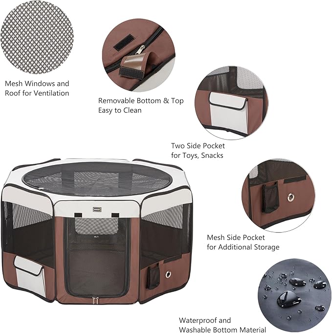 DONORO Dog Playpen Portable Pet Play Pens for Small Dog/Cat/Rabbit/Chicks, Cat Playpen Indoor/Outdoor with Carring Case, Removable Zipper Top and Bottom (Brown, Medium (35"x35"x20"), 8)