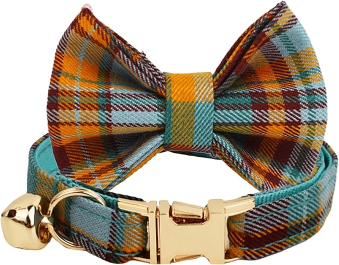 Plaid Polyester Personalized Cat Collar with Name & Owner Phone, Customizable Laser-Engraved, Charming Bell, Metal Buckle for Kittens and Cats - Matching Leash Available (Style-B)