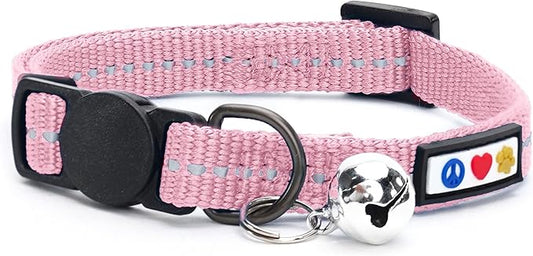 Pawtitas Recycled Pink Reflective Cat Collar – Eco-Friendly Breakaway Safety Buckle, Adjustable Kitten & Adult Collar with Removable Bell and High-Visibility Strap