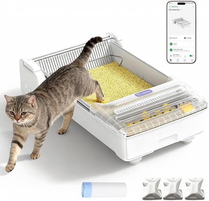 Robotail Fully-Open Automatic Self Cleaning Litter Box, Extra Large Space Electric Cat Litter Box with APP Control Health Monitor, Smart Litter Tray for Multiple Cats, Anti-Pinch Design, Odor Control