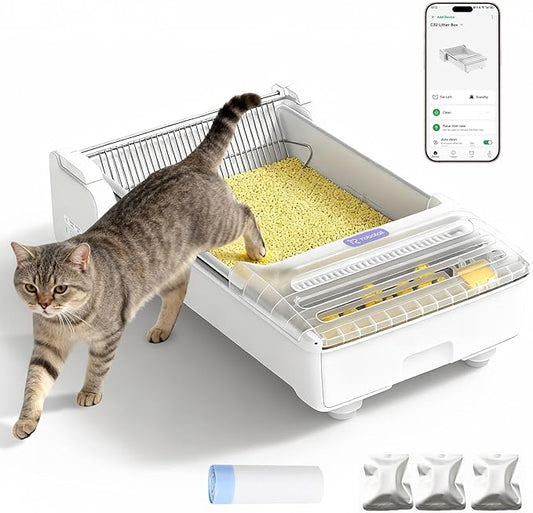 Robotail Fully-Open Automatic Self Cleaning Litter Box, Extra Large Space Electric Cat Litter Box with APP Control Health Monitor, Smart Litter Tray for Multiple Cats, Anti-Pinch Design, Odor Control