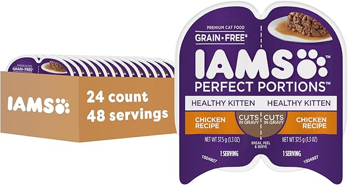 IAMS Perfect Portions Healthy Kitten Grain Free Wet Cat Food Pate, Chicken Recipe, 2.6 oz. Easy Peel Twin-Pack Trays (24 Count, 48 Servings)