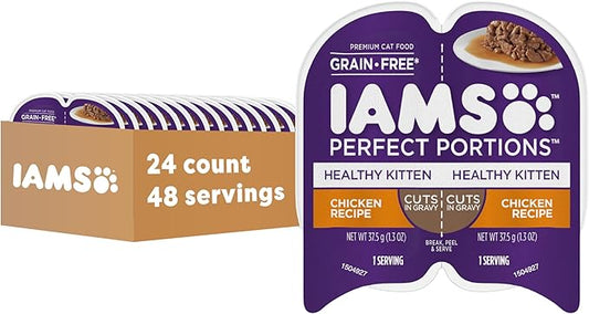 IAMS Perfect Portions Healthy Kitten Grain Free Wet Cat Food Pate, Chicken Recipe, 2.6 oz. Easy Peel Twin-Pack Trays (24 Count, 48 Servings)