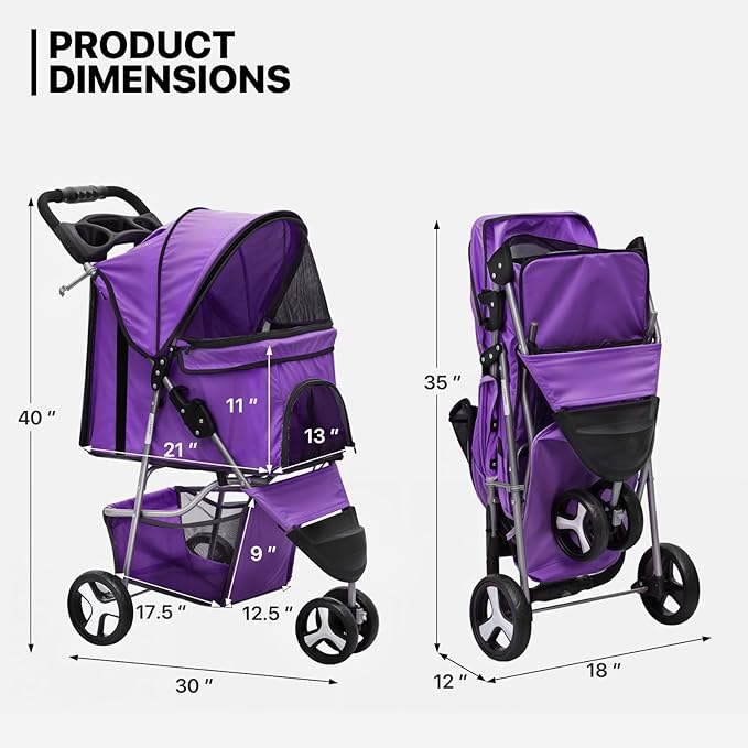 MoNiBloom 3 Wheels Pet Dog Cat Stroller for Small Medium Dogs Cats, Lightweight Foldable Jogger Stroller w/Storage Basket and Cup Holder, Purple
