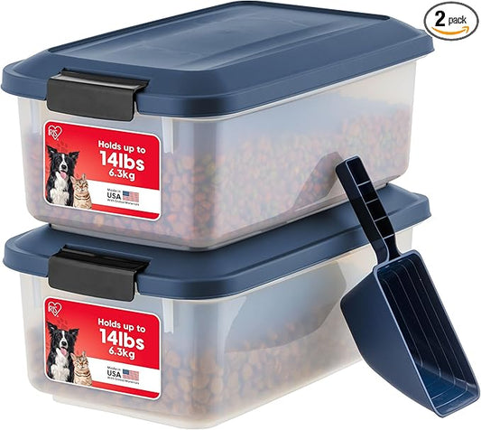 IRIS USA WeatherPro Airtight Pet Food Storage Container, Up to 14 lbs, Dog Cat Bird and Other Pet Food Storage Bin Keep Pests Out Translucent Body BPA Free Stackable, 2 Pack, Navy