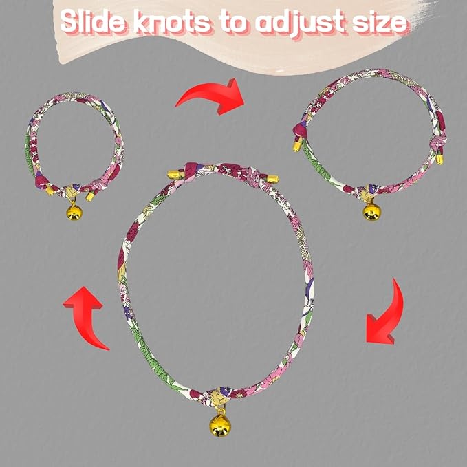 Handmade Cotton Cat Collar with Bell – Adjustable Slip-On Design, No Buckle, Lightweight Rope Collar for Kittens, Indoor Cats, and Small Pets (Rosy)