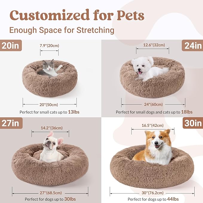 rabbitgoo Cat Beds for Indoor, 20 inches Machine Washable, Fluffy Round Pet Bed Non-Slip, Calming Soft Plush Donut Cuddler Cushion Self Warming for Small Dogs Kittens, Light Brown, Medium