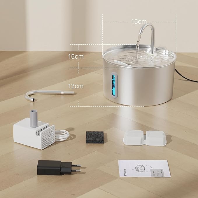 Cat Water Fountain Stainless Steel: 74oz/2.2L Cat Fountain for Drinking - Pet Water Fountain for Cats Inside - Automatic Dog Water Dispenser Bowl Feeding & Watering Supplies 6 Filters 3 Sponges