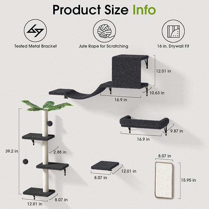 5-in-1 Cat Wall Shelves for 16 Inch Drywall: Space-Saving Wall Mounted Cat Shelves with Climbing, Perch & Lounge