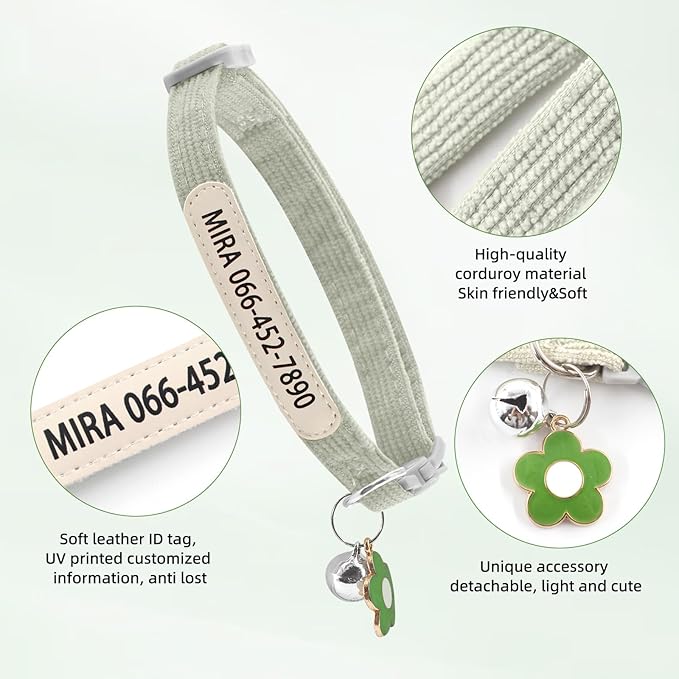 Personalized Cat Collar with Bell - Custom Kitten Breakaway Collars with UV Printed Pet Name and Phone Number Adjustable and Stylish (Corduroy)