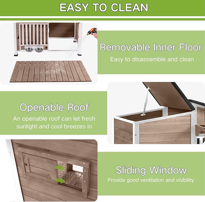 Dog House Outdoor with Bowls Weatherproof Dog Kennel with Anti-Chewing Iron Frame Dog Shelter for Small Medium Dogs(Light Brown)