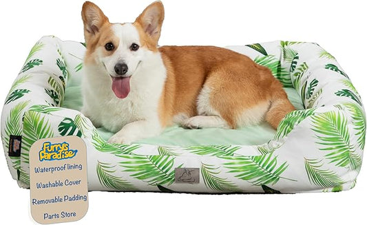 Furry's Paradise Foam Cuddler Pet Bed with Waterproof Liners, Reversible Cushion, Washable Cover, Recycled Fibers and Non-Slip Bottom. (in The Tropics, Orthopedic Medium)