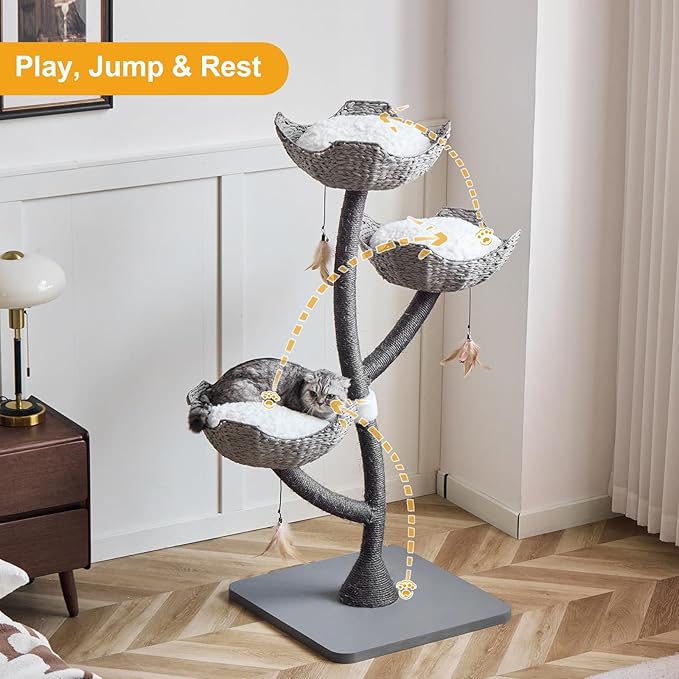 52” Tall Modern Gray Cat Tree Tower for Large Cats| Cat Scratching Posts with Hand-Woven Baskets | Luxury Cat Condo for Indoor Multiple Cats | Cat Furniture for Gifts （52” Gray ）