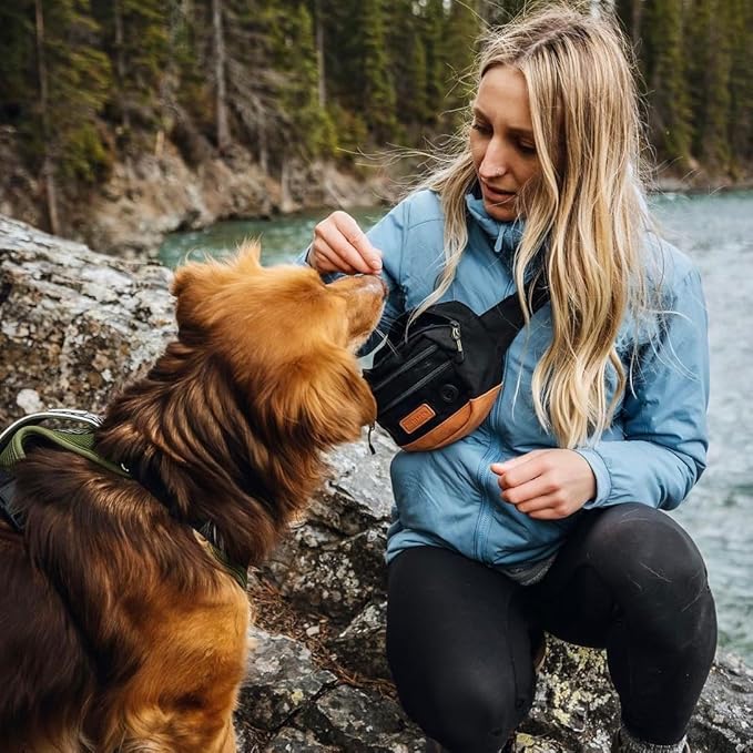 Wilderdog Utility Fanny Pack stores Treats, Balls, Keys in 3 Pockets with adjustable strap and Poop Bag dispenser (Black)