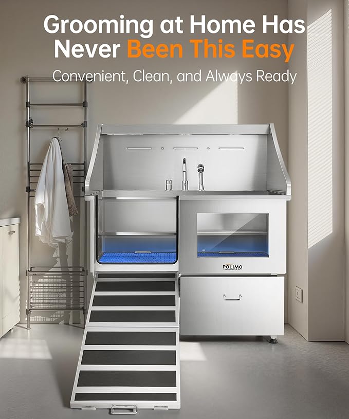 polimo Dog Washing Station, LED Professional Stainless Steel Dog Bathing Station 50", Dog Grooming Tub for Large, Medium & Small Dog - with Window, Ramp, Drawer, Floor Grate & Faucet (Left RAMP, 50")