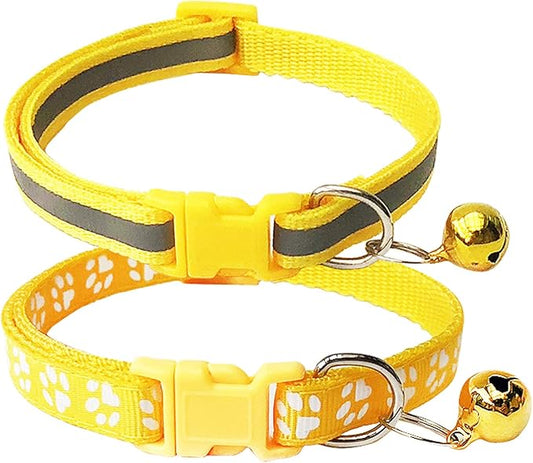 CHBORCHICEN 2-Pack Footprint & Reflective Cat Collar with Bell Basic Dog Cat Collar Buckle Adjustable Polyester Cat Dog Collar or Seatbelts (X-Small, Yellow)