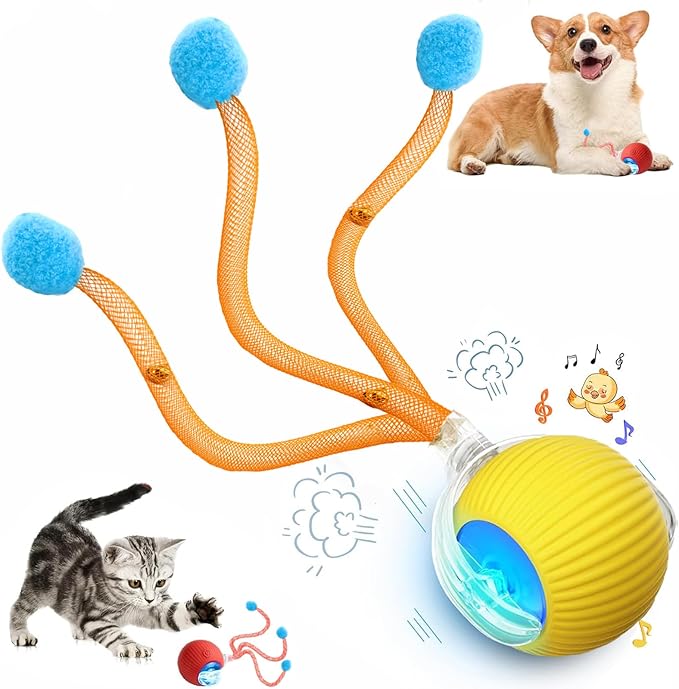 Speed 2.0 Tail Interactive Cat Toys for Indoor Cats, Chirping & Motion Activate Cat Toy, Smart Kitten Rolling Ball Moving Ball Toys, Rechargeable Dog Cat Bal l for Enrichment Exercise (New Yellow)