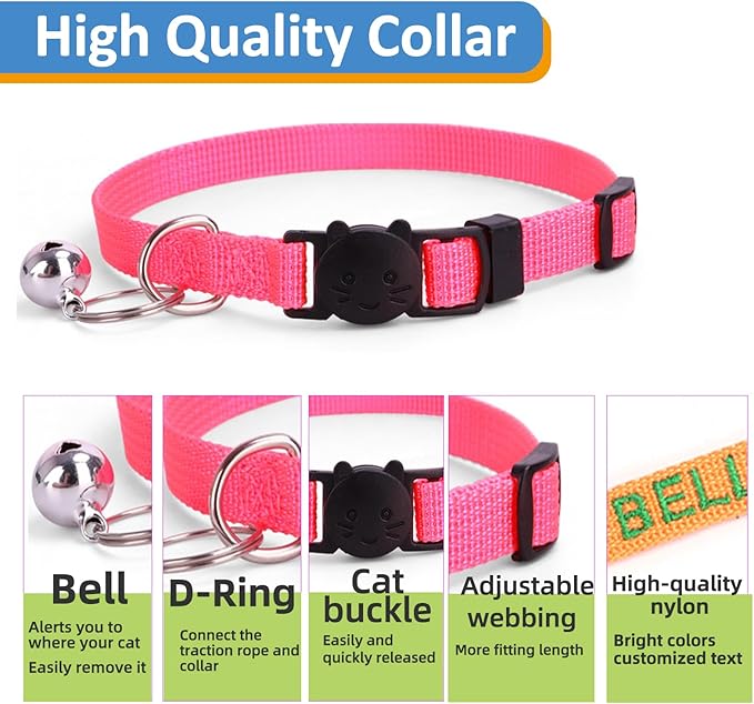 Personalized Cat Collars, Embroidered with Pet Name and Phone Number, Adjustable Nylon Breakaway Safety Release Buckle ID Collar,Custom Text with Bell for Cat or Kitten,Teal