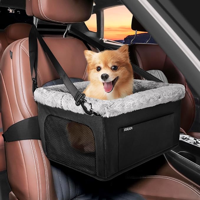 JOEJOY Deluxe Dog Booster Seat with Sturdy Metal Frame and Safety Leash for Small Pets up to 20 lbs - Portable Puppy Dog Car Seat with Thick Cushion and Storage Pockets for Small Dogs, Black