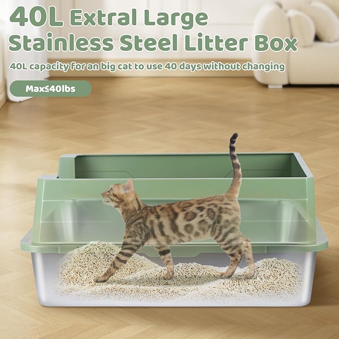 Homegroove XXXL Stainless Steel Litter Box with High Sides, 28"x20"x12" Extra Large Cat Litter Box for Big Cats, Metal Cat Litter Boxes Anti-Urine Leakage, Easy Clean (Green)