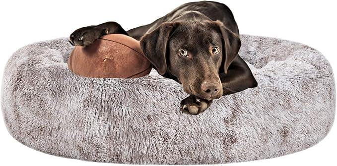 Coohom Oval Calming Donut Cuddler Dog Bed,Shag Faux Fur Cat Bed Washable Round Pillow Pet Bed(30"/36"/43") for Small Medium Dogs (L(30"x24"x8"),Light Brown)