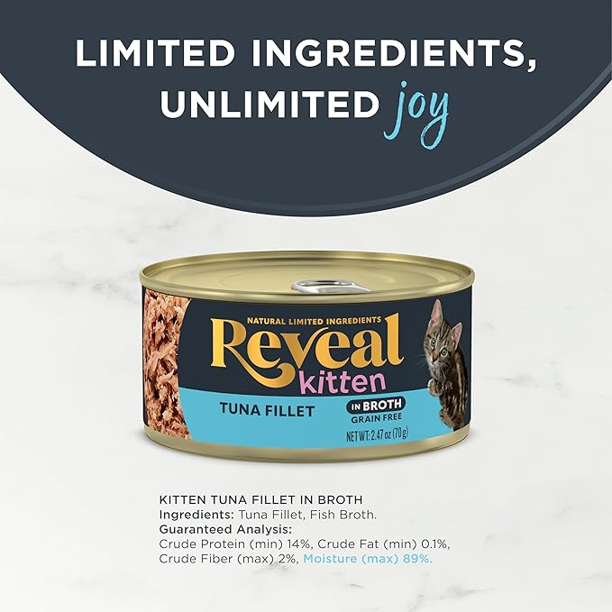 Reveal Natural Wet Kitten Food, Limited and Natural Ingredients, Grain Free, High Protein with No Artificial Additives, Tuna Fillet in Broth (12 x 2.47 oz Cans)