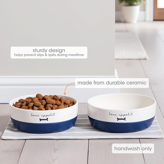 Pearhead Ceramic Dog Bowl – White & Navy “Bone Appétit” Design, Holds 2 Cups, Stoneware Pet Dish, Non-Skid Feeding Bowl, Small/Medium
