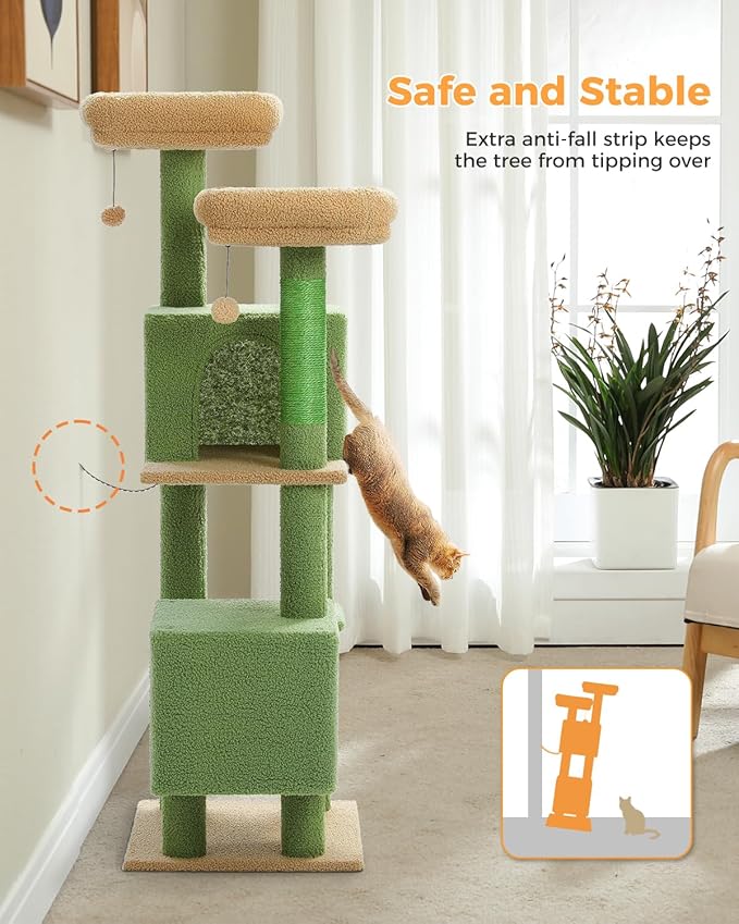 52.4" Cactus Cat Tree, Cute Cat Tower for Indoor Cats with 2 Padded Perches, 2 Cozy Condos & Sisal Scratching Posts, Green