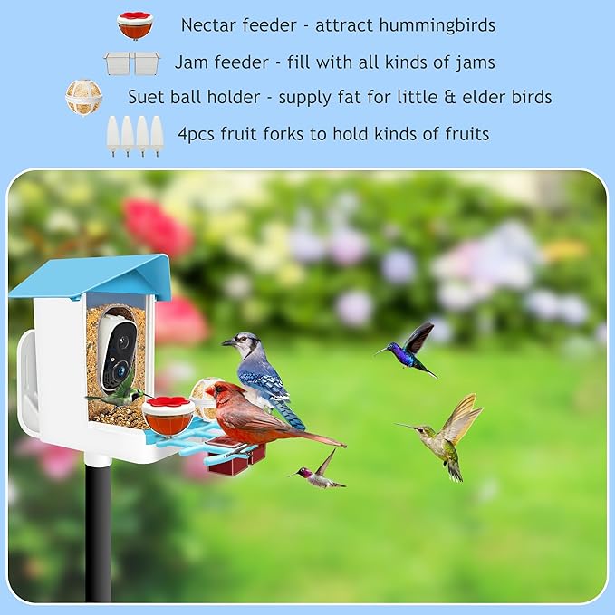 64GB Smart Bird Feeder with Camera Solar Powered, AI Identify 10K+ Bird Aves, 2K 3MP HD Live Video &Playback on Phone, 2.4G WiFi Birdhouse Camera Wireless Outdoor-Watching House (Light Blue)
