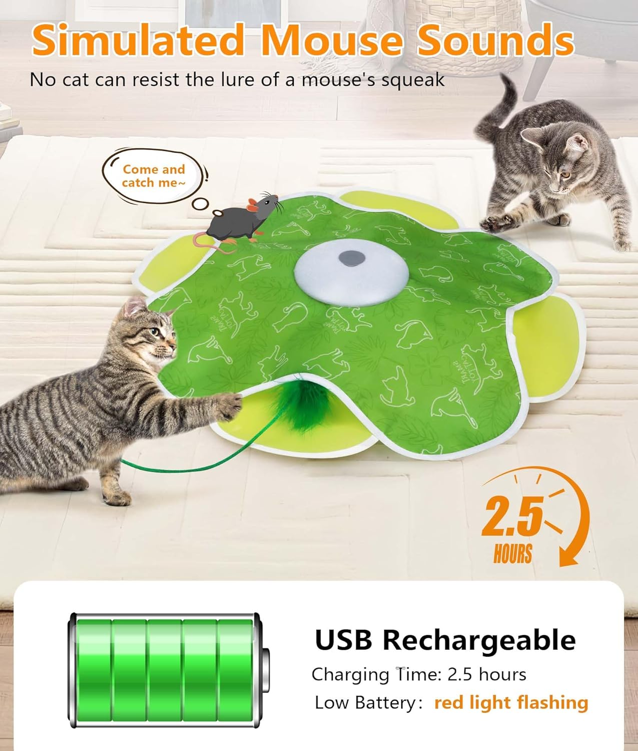 Interactive Cat Toy, Rechargeable Cat Toys for Bored Indoor Adult Cats, Hide and Seek Cat Toy with Motion Activated, Feather Toys, Chirping, Exercise Toys for Indoor Bored Adult Cats